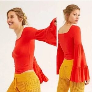 Free People Babetown Bell Sleeve top Square Neck Tiered Long Sleeve Red Medium M